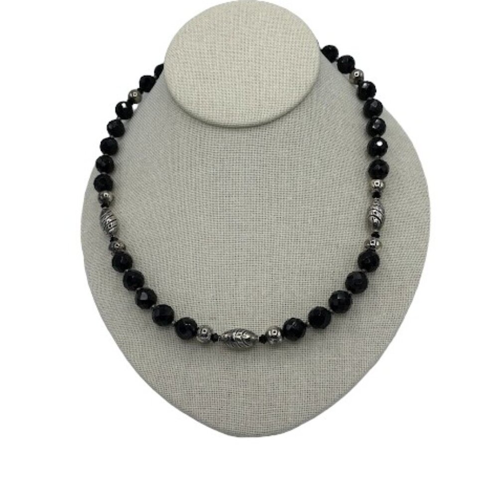 VTG Faceted Black Onyx & Sterling Silver Spacer Beaded Hand Crafted Necklace 20"